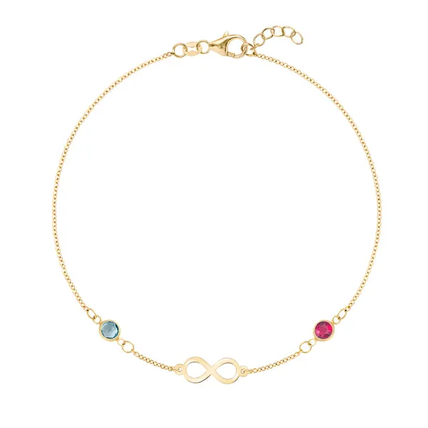 Personalized Classic Infinity & 2 Birthstone Bracelet in 14k Gold sold by Haverhill