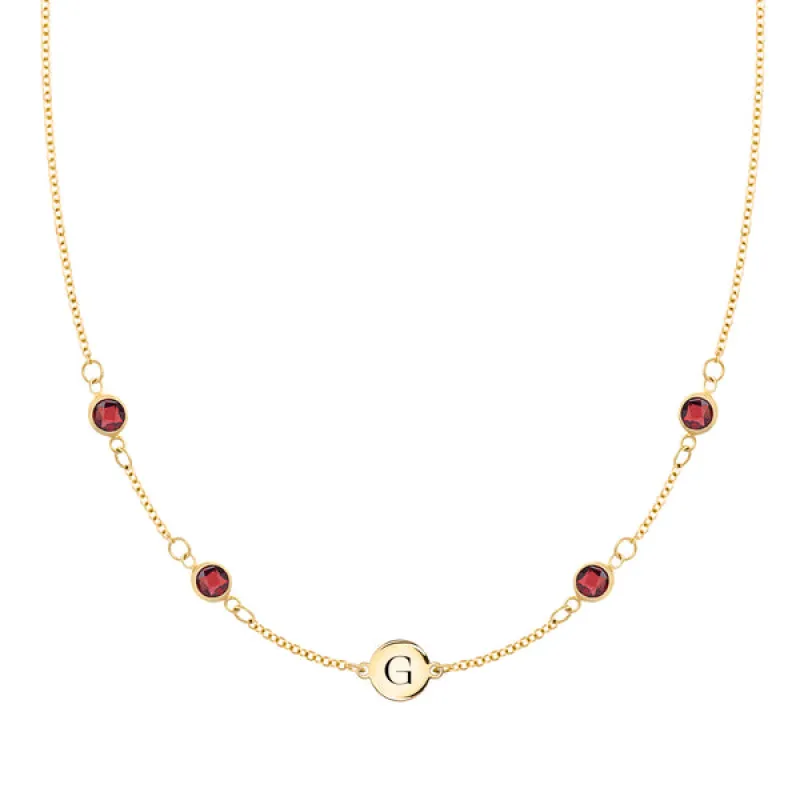 Personalized Classic 1 Letter & 4 Garnet Necklace in 14k Gold (January) sold by Haverhill