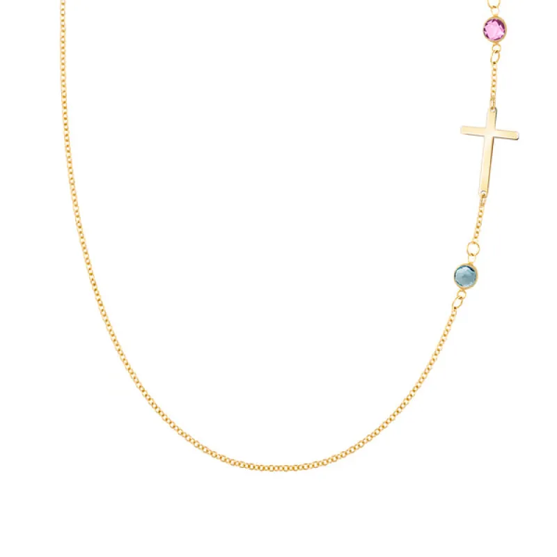 Personalized Classic Cross & 2 Birthstone Necklace in 14k Gold sold by Haverhill