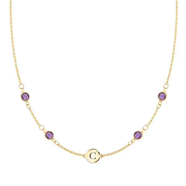 Personalized Classic 1 Letter & 4 Amethyst Necklace in 14k Gold (February) sold by Haverhill