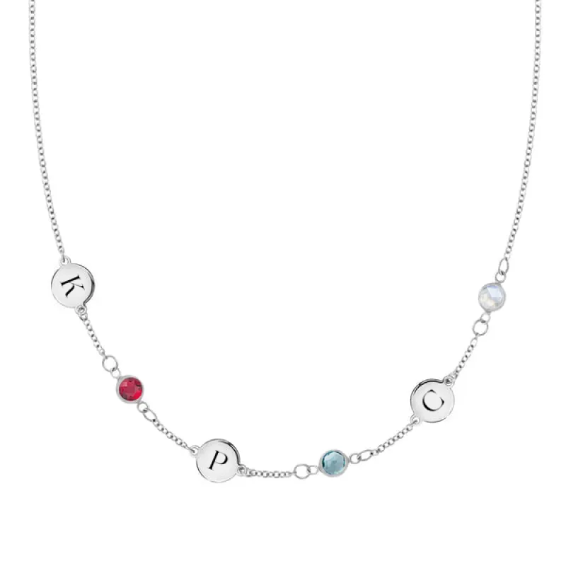 Personalized Classic 3 Letter & 3 Birthstone Necklace in 14k Gold (Single Spacing) sold by Haverhill