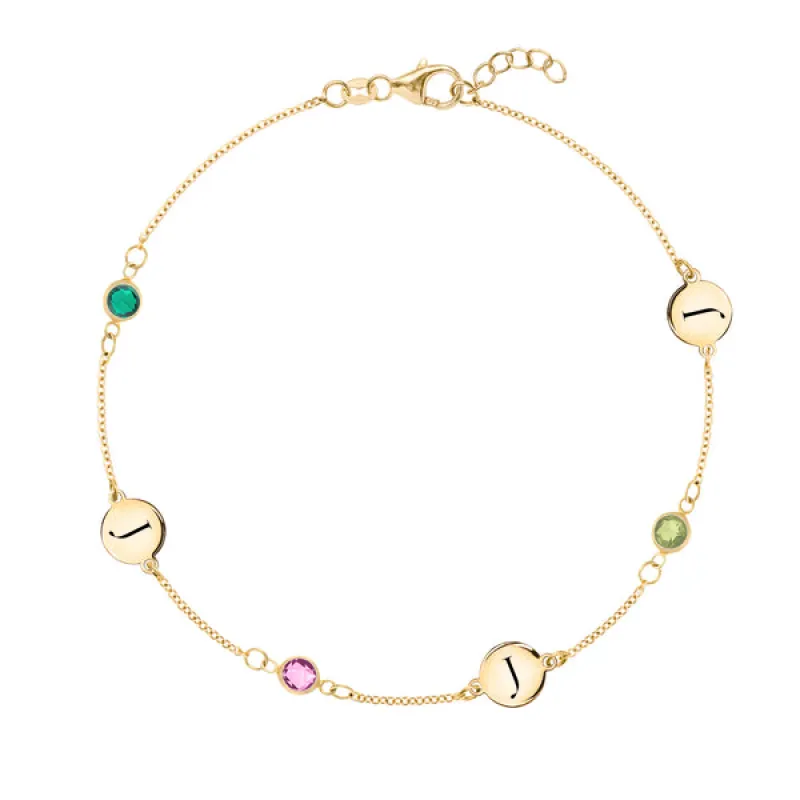Personalized Classic 3 Letter & 3 Birthstone Bracelet in 14k Gold sold by Haverhill