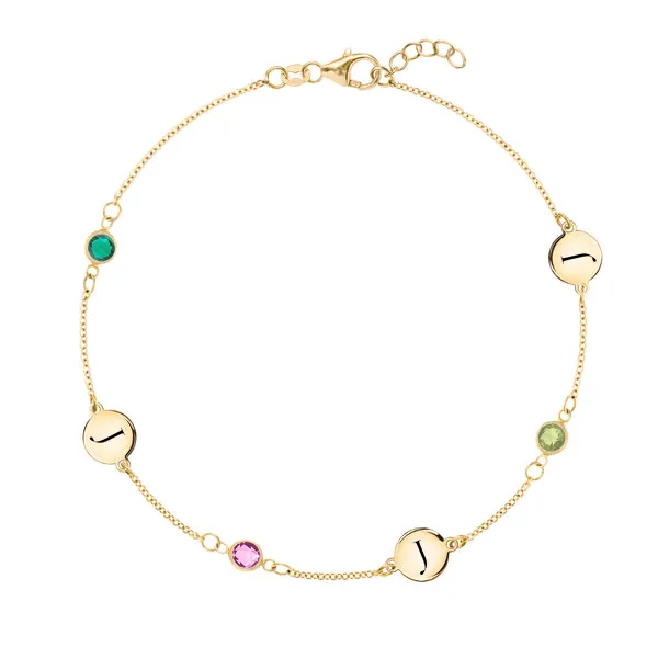 Personalized Classic 3 Letter & 3 Birthstone Bracelet in 14k Gold sold by Haverhill
