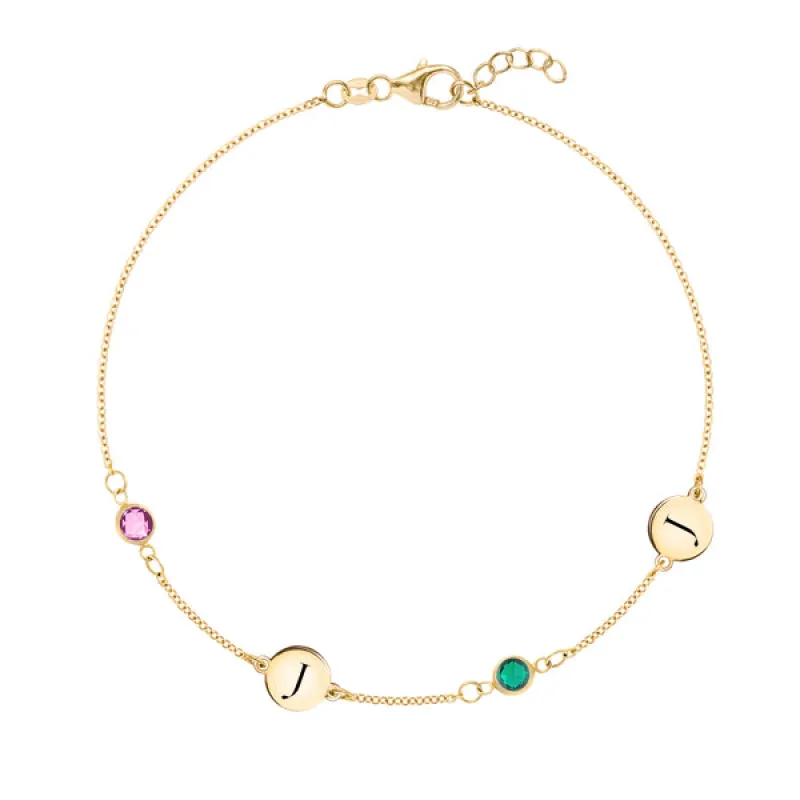 Personalized Classic 2 Letter & 2 Birthstone Bracelet in 14k Gold sold by Haverhill