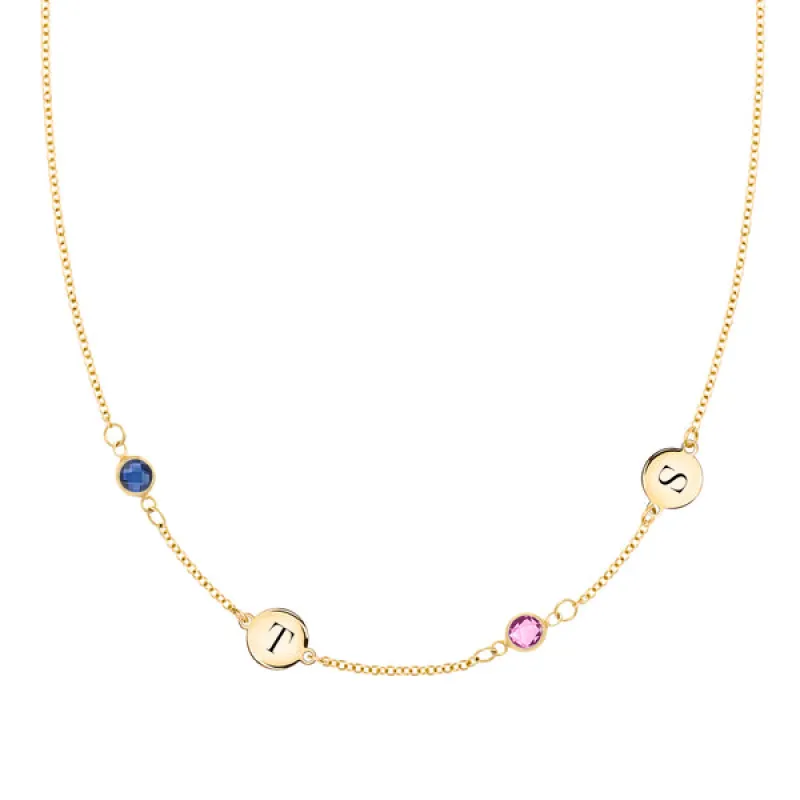 Personalized Classic 2 Letter & 2 Birthstone Necklace in 14k Gold (Double Spacing) sold by Haverhill