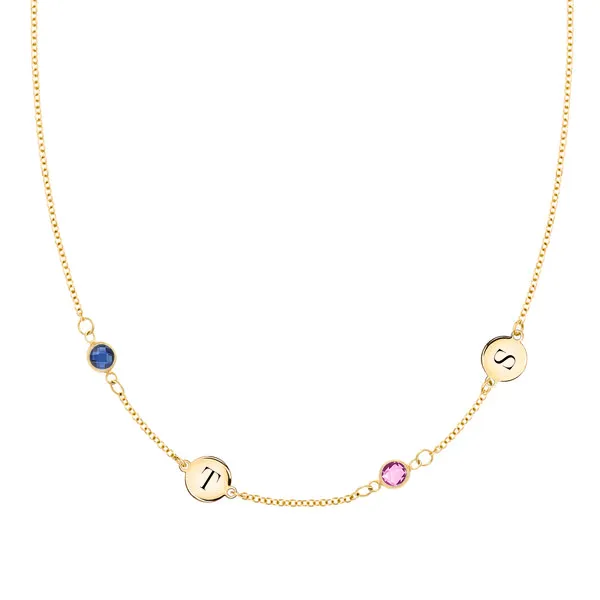 Personalized Classic 2 Letter & 2 Birthstone Necklace in 14k Gold (Double Spacing) sold by Haverhill