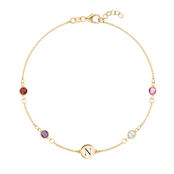 Personalized Classic 1 Letter & 4 Birthstone Bracelet in 14k Gold sold by Haverhill