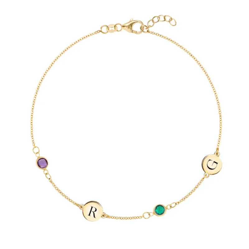 Personalized Classic 2 Letter & 2 Birthstone Bracelet in 14k Gold sold by Haverhill