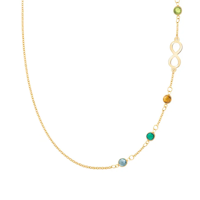 Personalized Classic Infinity & 4 Birthstone Necklace in 14k Gold sold by Haverhill
