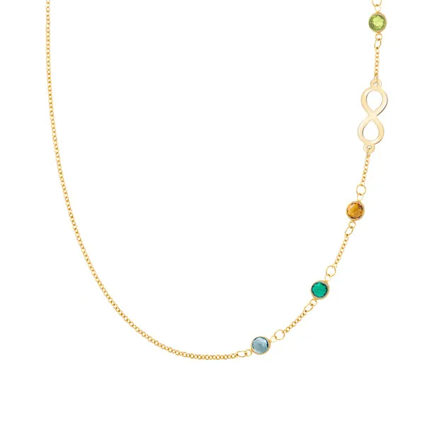 Personalized Classic Infinity & 4 Birthstone Necklace in 14k Gold sold by Haverhill