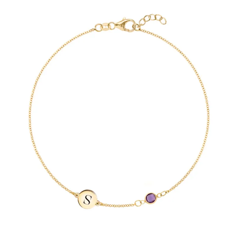 Personalized Classic 1 Letter & 1 Amethyst Bracelet in 14k Gold (February) sold by Haverhill