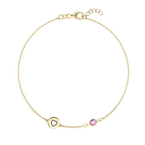 Personalized Heart Disc & Classic 1 Birthstone Bracelet in 14k Gold sold by Haverhill