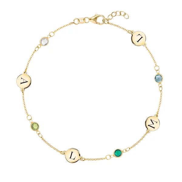 Personalized Classic 4 Letter & 4 Birthstone Bracelet in 14k Gold sold by Haverhill