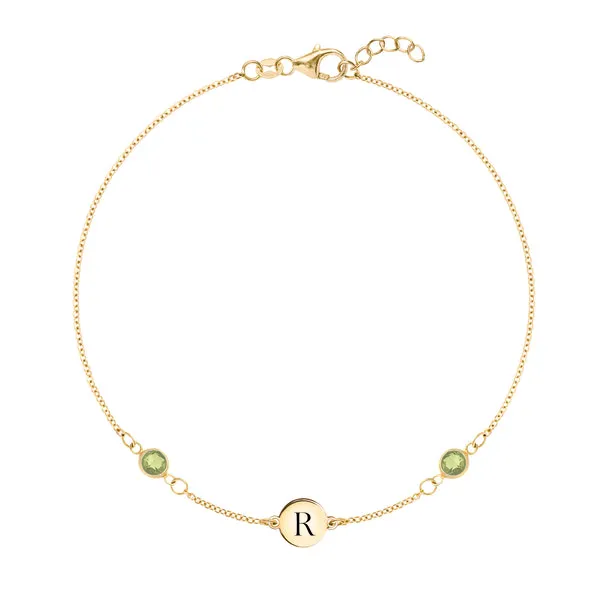 Personalized Classic 1 Letter & 2 Birthstone Bracelet in 14k Gold sold by Haverhill