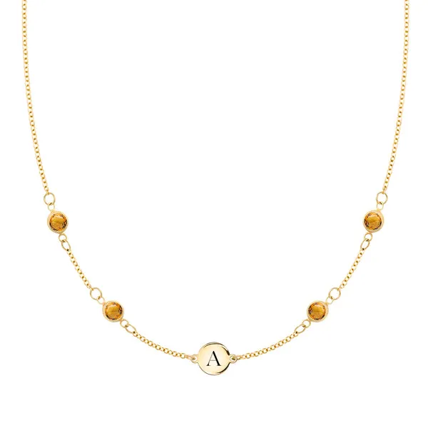Personalized Classic 1 Letter & 4 Citrine Necklace in 14k Gold (November) sold by Haverhill