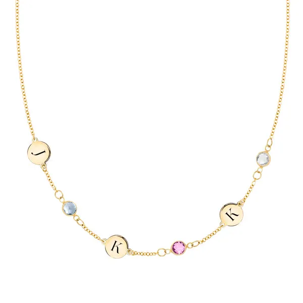 Personalized Classic 3 Letter & 3 Birthstone Necklace in 14k Gold (Single Spacing) sold by Haverhill