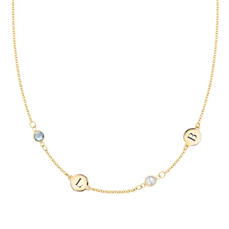 Personalized Classic 2 Letter & 2 Birthstone Necklace in 14k Gold (Double Spacing) sold by Haverhill