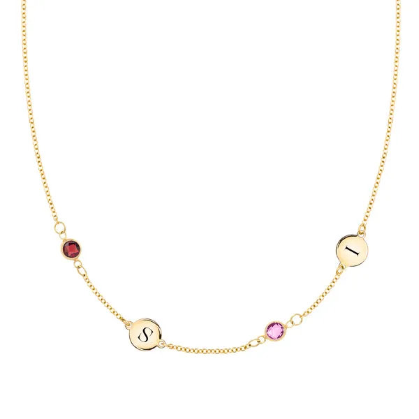Personalized Classic 2 Letter & 2 Birthstone Necklace in 14k Gold (Double Spacing) sold by Haverhill