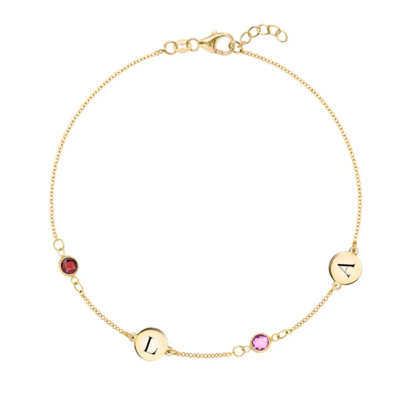 Personalized Classic 2 Letter & 2 Birthstone Bracelet in 14k Gold sold by Haverhill