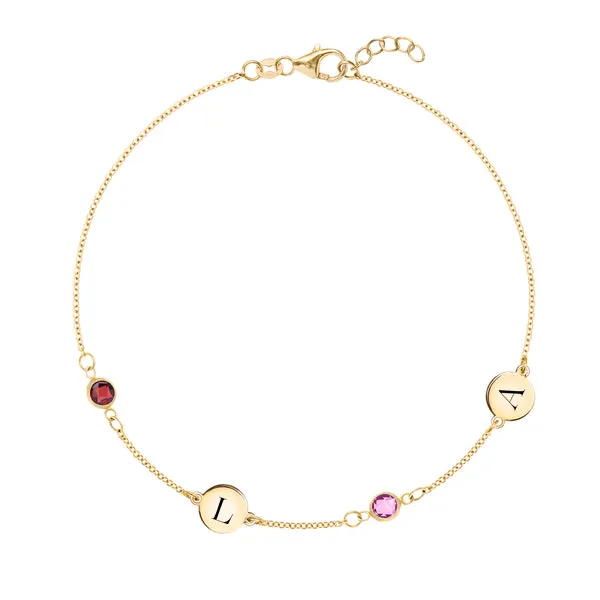 Personalized Classic 2 Letter & 2 Birthstone Bracelet in 14k Gold sold by Haverhill