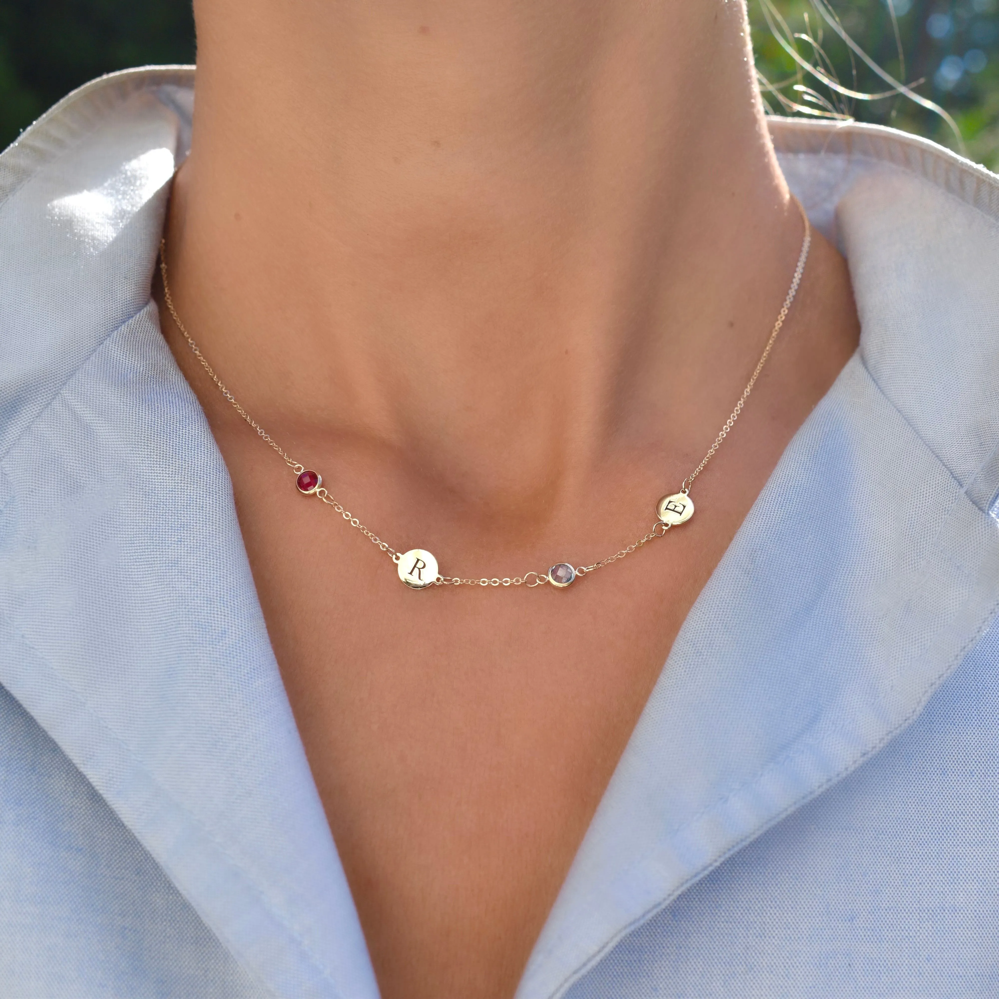 Personalized Classic 2 Letter & 2 Birthstone Necklace in 14k Gold (Double Spacing) sold by Haverhill product image thumbnail 3