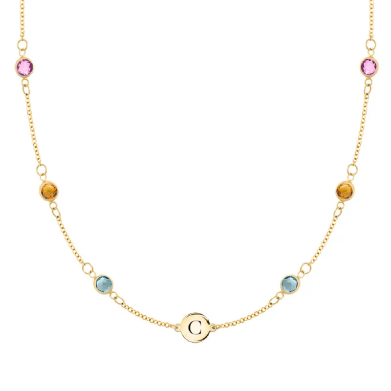 Personalized Classic 1 Letter & 6 Birthstone Necklace in 14k Gold (Double Spacing) sold by Haverhill