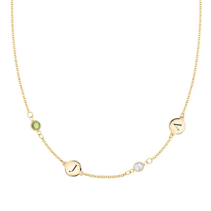 Personalized Classic 2 Letter & 2 Birthstone Necklace in 14k Gold (Double Spacing) sold by Haverhill