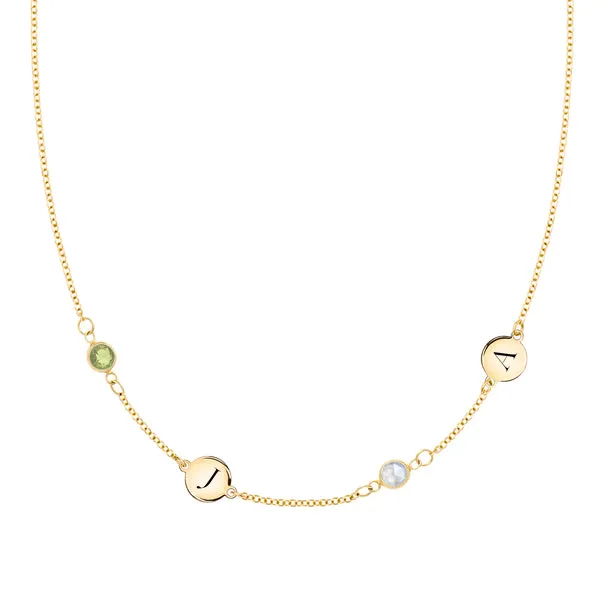 Personalized Classic 2 Letter & 2 Birthstone Necklace in 14k Gold (Double Spacing) sold by Haverhill