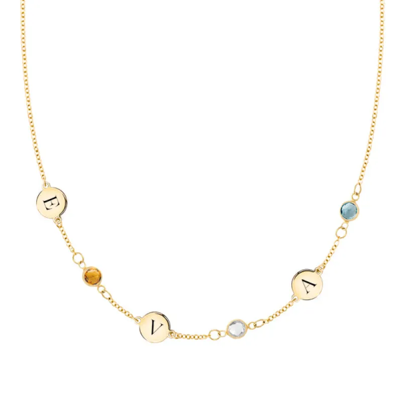 Personalized Classic 3 Letter & 3 Birthstone Necklace in 14k Gold (Single Spacing) sold by Haverhill