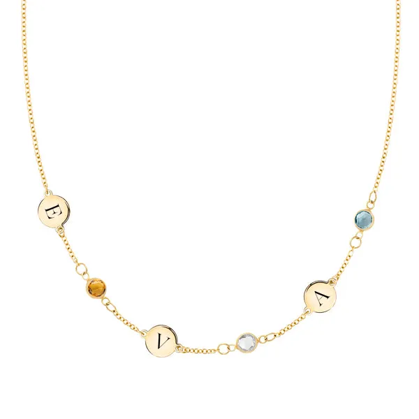Personalized Classic 3 Letter & 3 Birthstone Necklace in 14k Gold (Single Spacing) sold by Haverhill