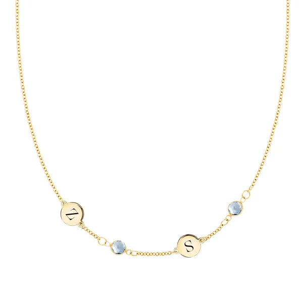 Personalized Classic 2 Letter & 2 Birthstone Necklace in 14k Gold (Single Spacing) sold by Haverhill