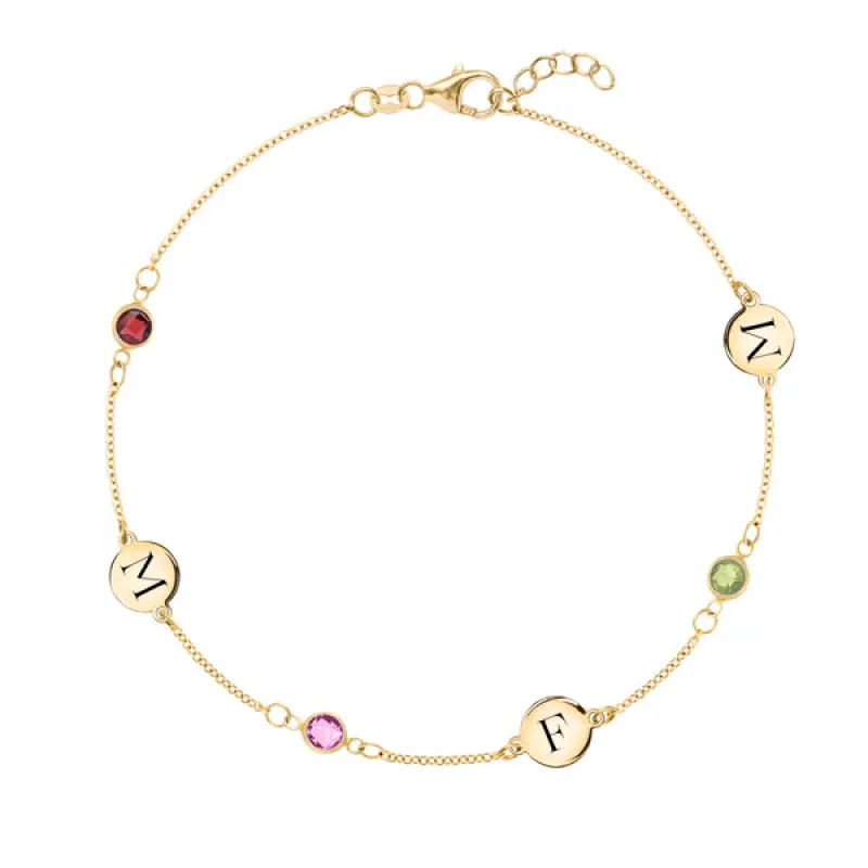 Personalized Classic 3 Letter & 3 Birthstone Bracelet in 14k Gold sold by Haverhill