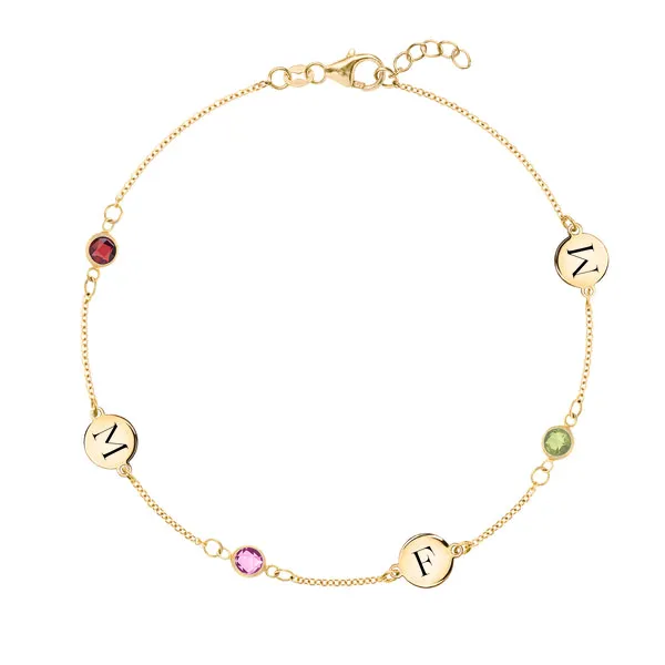 Personalized Classic 3 Letter & 3 Birthstone Bracelet in 14k Gold sold by Haverhill