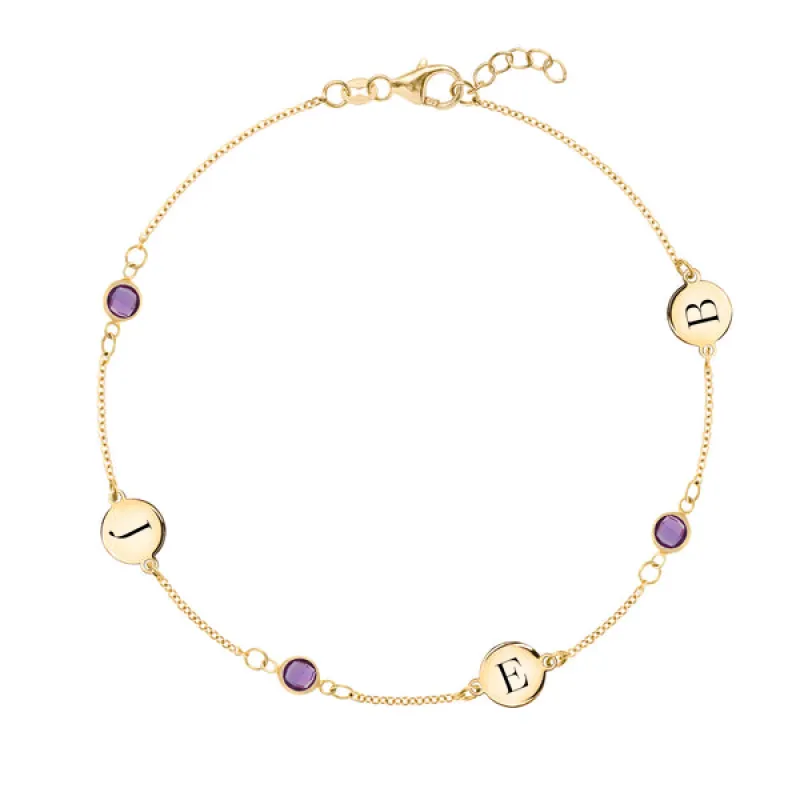 Personalized Classic 3 Letter & 3 Birthstone Bracelet in 14k Gold sold by Haverhill