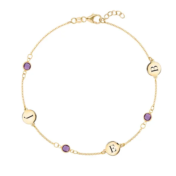 Personalized Classic 3 Letter & 3 Birthstone Bracelet in 14k Gold sold by Haverhill