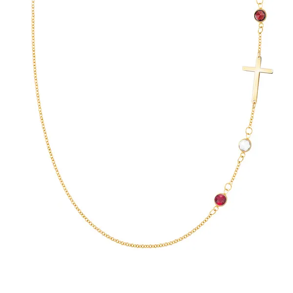 Personalized Classic Cross & 3 Birthstone Necklace in 14k Gold sold by Haverhill