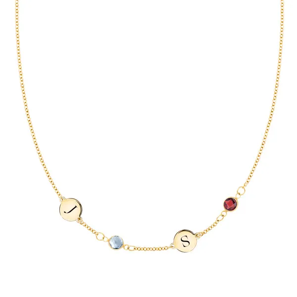 Personalized Classic 2 Letter & 2 Birthstone Necklace in 14k Gold (Single Spacing) sold by Haverhill
