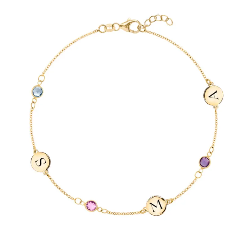 Personalized Classic 3 Letter & 3 Birthstone Bracelet in 14k Gold sold by Haverhill