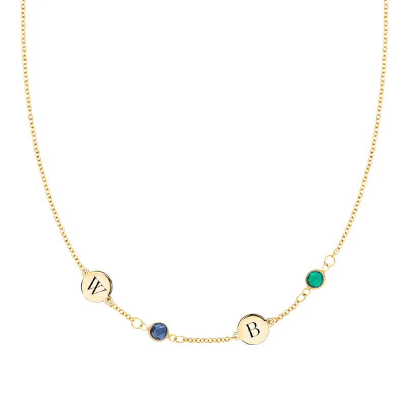 Personalized Classic 2 Letter & 2 Birthstone Necklace in 14k Gold (Single Spacing) sold by Haverhill