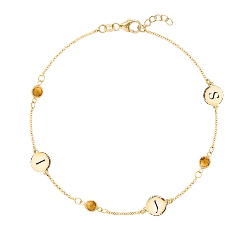 Personalized Classic 3 Letter & 3 Birthstone Bracelet in 14k Gold sold by Haverhill