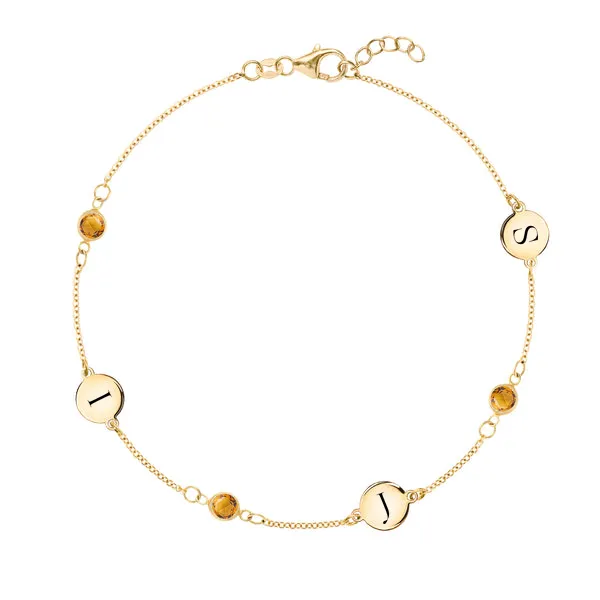 Personalized Classic 3 Letter & 3 Birthstone Bracelet in 14k Gold sold by Haverhill