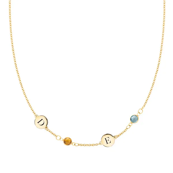 Personalized Classic 2 Letter & 2 Birthstone Necklace in 14k Gold (Single Spacing) sold by Haverhill