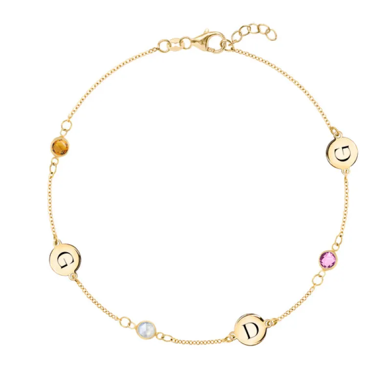 Personalized Classic 3 Letter & 3 Birthstone Bracelet in 14k Gold sold by Haverhill
