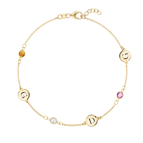 Personalized Classic 3 Letter & 3 Birthstone Bracelet in 14k Gold sold by Haverhill