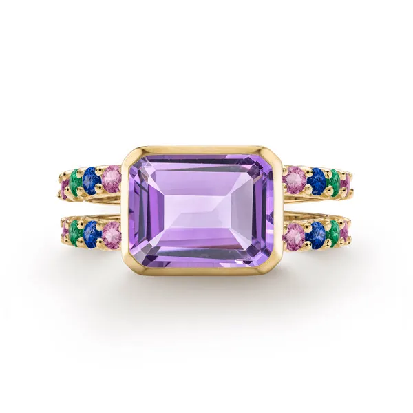 Personalized Warren Horizontal Birthstone Ring with Accent Stones in 14k Gold sold by Haverhill