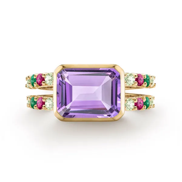 Personalized Warren Horizontal Birthstone Ring with Accent Stones in 14k Gold sold by Haverhill