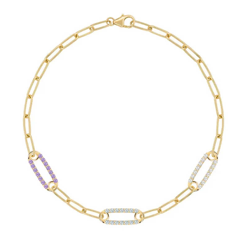 Personalized Adelaide 3 Pavé Birthstone Link Bracelet in 14k Gold sold by Haverhill