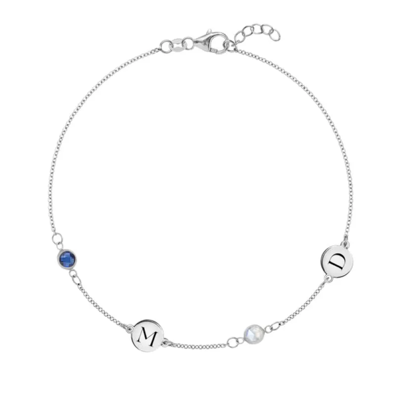 Personalized Classic 2 Letter & 2 Birthstone Bracelet in 14k Gold sold by Haverhill