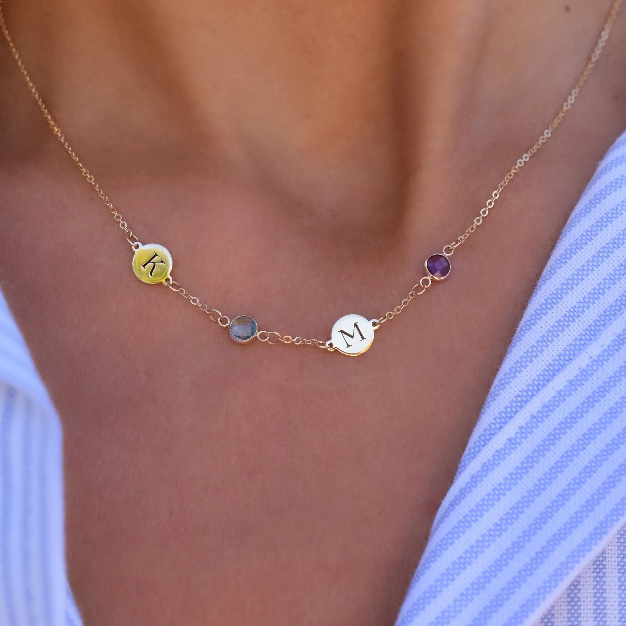 Personalized Classic 2 Letter & 2 Birthstone Necklace in 14k Gold (Single Spacing) sold by Haverhill product image thumbnail 3