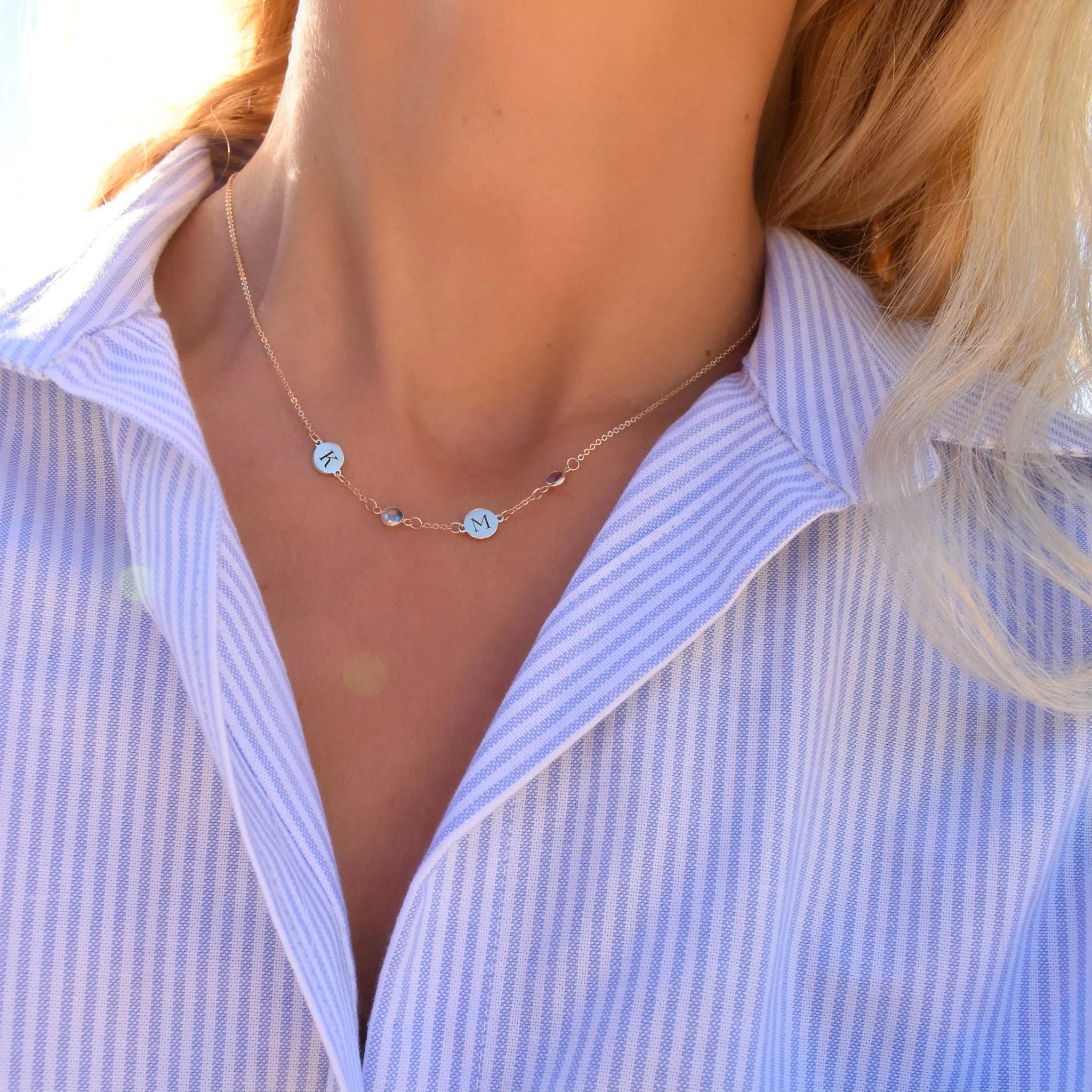 Personalized Classic 2 Letter & 2 Birthstone Necklace in 14k Gold (Single Spacing) sold by Haverhill product image thumbnail 2